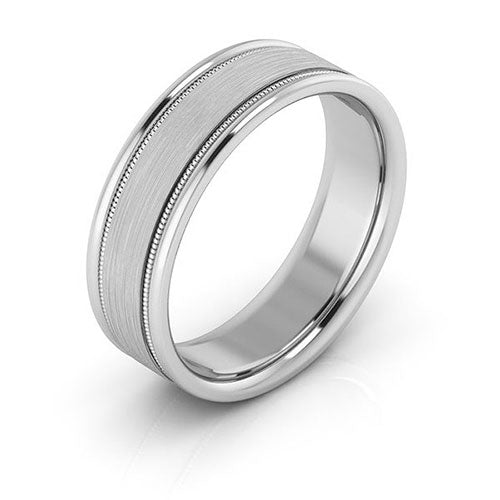 10K White Gold 6mm milgrain raised edge design brushed center comfort fit wedding band - DELLAFORA