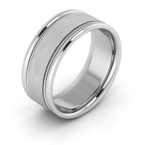 10K White Gold 8mm milgrain raised edge design brushed center comfort fit wedding band - DELLAFORA