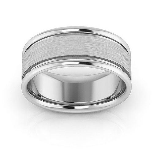 10K White Gold 8mm raised edge design brushed center comfort fit wedding band - DELLAFORA