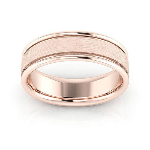 14K Rose Gold 6mm raised edge design brushed center comfort fit wedding band - DELLAFORA