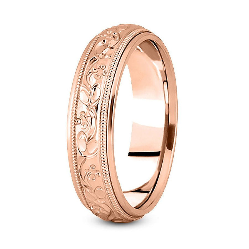 14K Rose Gold 7mm fancy design comfort fit wedding band with leaf flower and milgrain design - DELLAFORA