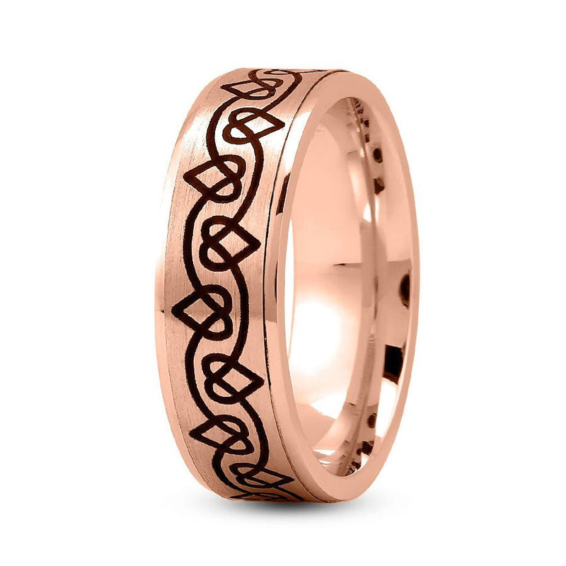 14K Rose Gold 7mm fancy design comfort fit wedding band with linked hearts design - DELLAFORA