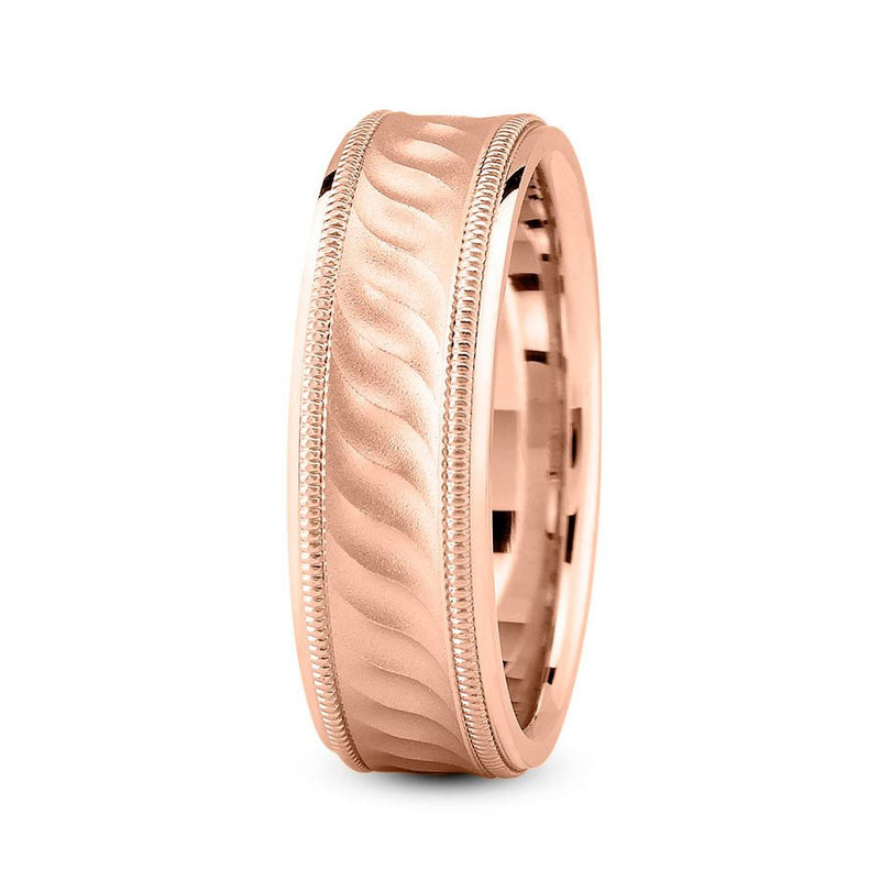 14K Rose Gold 7mm fancy design comfort fit wedding band with wave and milgrain design - DELLAFORA