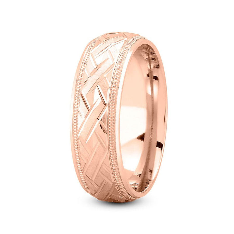 14K Rose Gold 7mm fancy design comfort fit wedding band with zig zag and milgrain design - DELLAFORA