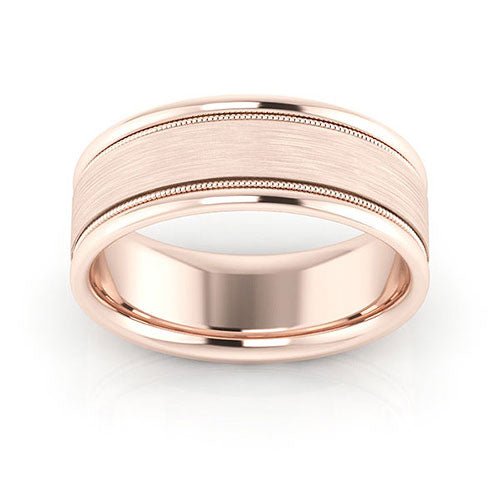 14K Rose Gold 7mm milgrain raised edge design brushed center comfort fit wedding band - DELLAFORA