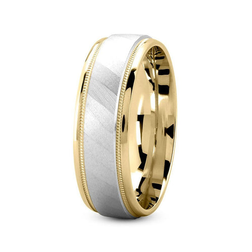 14K Two Tone Gold (White Center) 7mm fancy design comfort fit wedding band with diagonal pattern and milgrain design - DELLAFORA