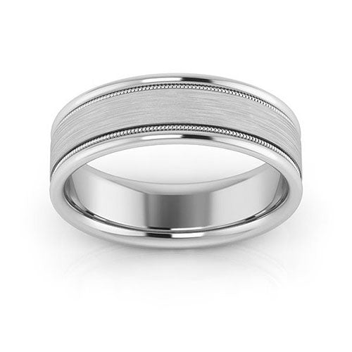 14K White Gold 6mm milgrain raised edge design brushed center comfort fit wedding band - DELLAFORA