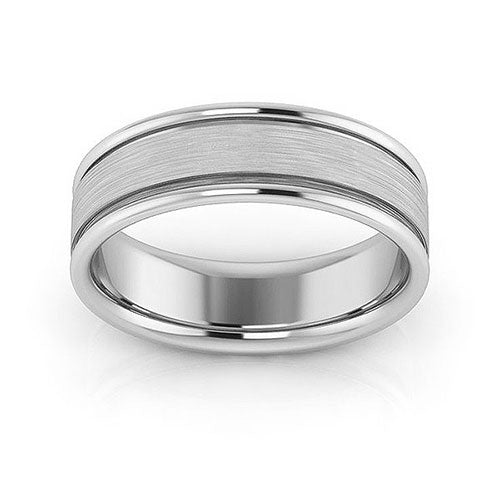 14K White Gold 6mm raised edge design brushed center comfort fit wedding band - DELLAFORA