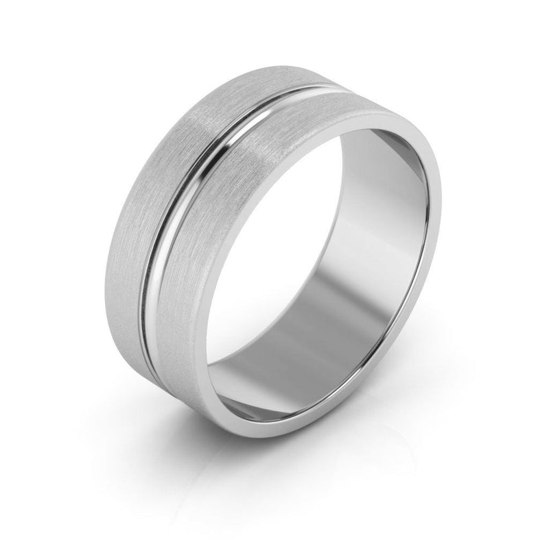 14K White Gold 7mm grooved design brushed wedding band - DELLAFORA