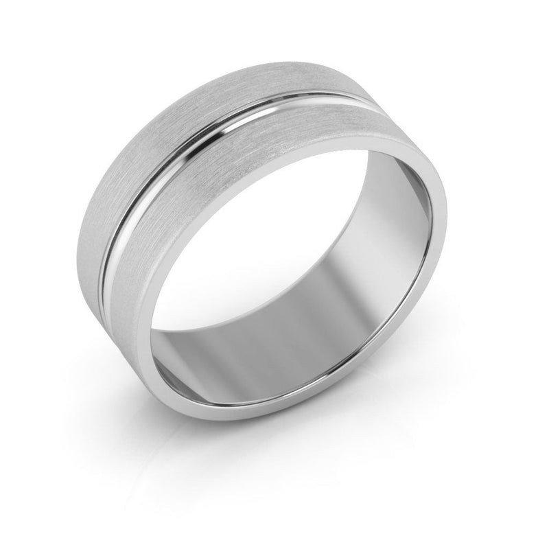 14K White Gold 7mm grooved design brushed wedding band - DELLAFORA