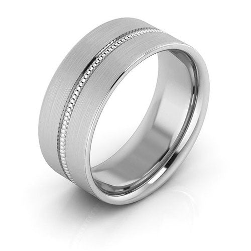 14K White Gold 8mm milgrain grooved design brushed comfort fit wedding band - DELLAFORA