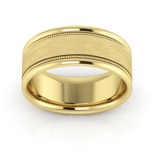 14K Yellow Gold 8mm milgrain raised edge design brushed center comfort fit wedding band - DELLAFORA