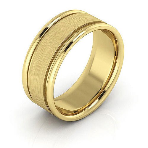 14K Yellow Gold 8mm raised edge design brushed center comfort fit wedding band - DELLAFORA