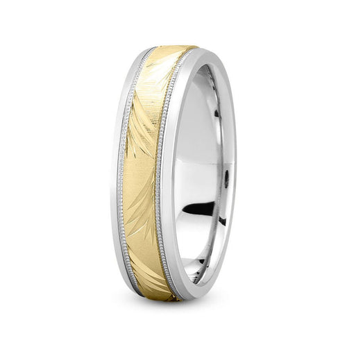 18K Two Tone Gold (Yellow Center) 6mm nature inspired comfort fit wedding band with diagonal leaf and milgrain design - DELLAFORA