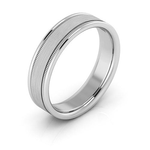 18K White Gold 5mm milgrain raised edge design brushed center comfort fit wedding band - DELLAFORA