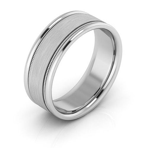 18K White Gold 7mm milgrain raised edge design brushed center comfort fit wedding band - DELLAFORA