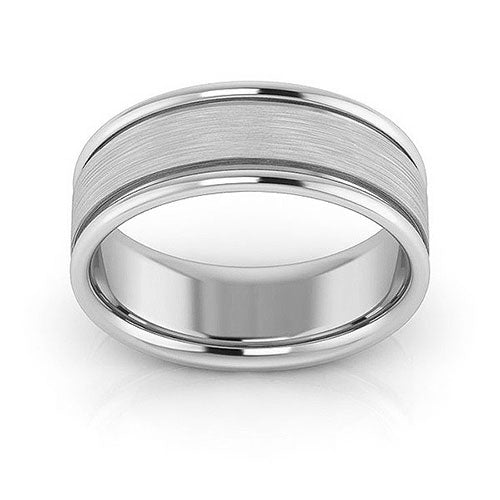 18K White Gold 7mm raised edge design brushed center comfort fit wedding band - DELLAFORA