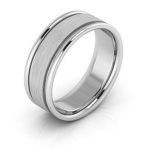 18K White Gold 7mm raised edge design brushed center comfort fit wedding band - DELLAFORA