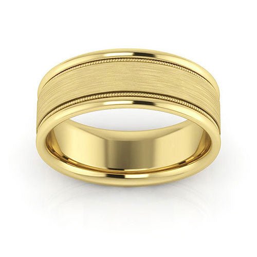 18K Yellow Gold 7mm milgrain raised edge design brushed center comfort fit wedding band - DELLAFORA