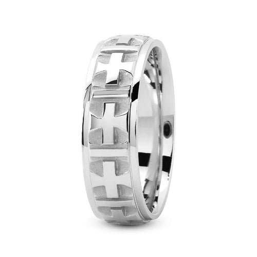 Platinum 7mm fancy design comfort fit wedding band with cross center design - DELLAFORA