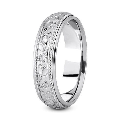 Platinum 7mm fancy design comfort fit wedding band with leaf flower and milgrain design - DELLAFORA