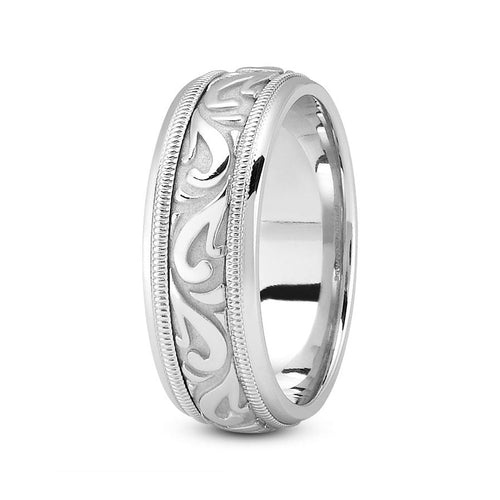 Platinum 7mm fancy design comfort fit wedding band with paisley and milgrain design - DELLAFORA