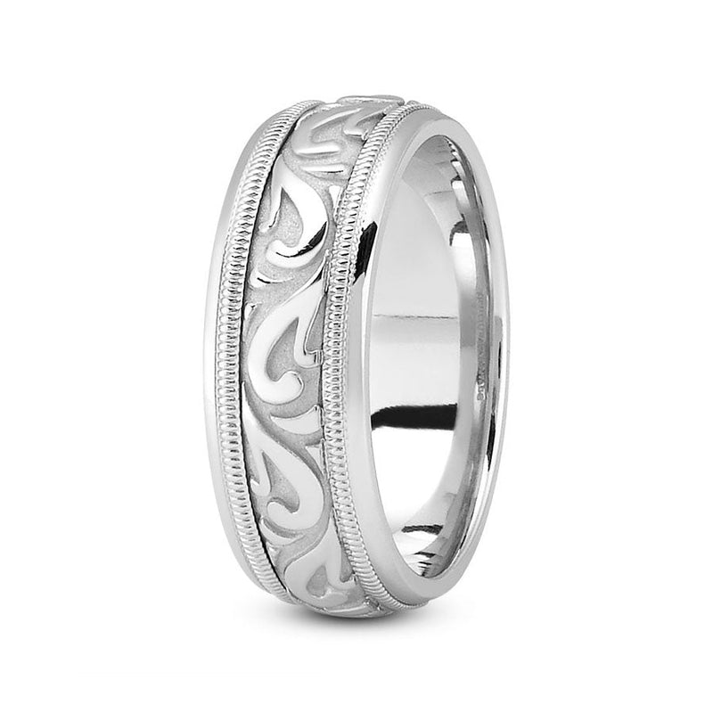 Platinum 7mm fancy design comfort fit wedding band with paisley and milgrain design - DELLAFORA