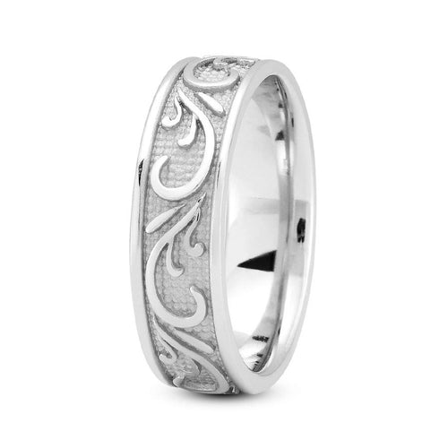 Platinum 7mm fancy design comfort fit wedding band with paisley design - DELLAFORA