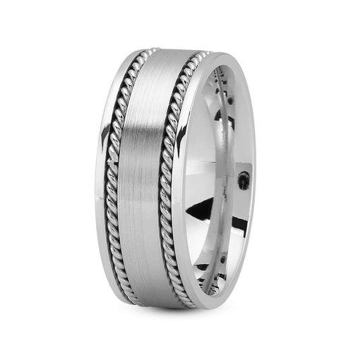 Platinum 8mm fancy design comfort fit wedding band with satin center and rope design - DELLAFORA