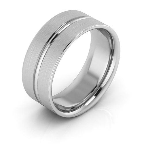 Platinum 8mm grooved design brushed comfort fit wedding band - DELLAFORA