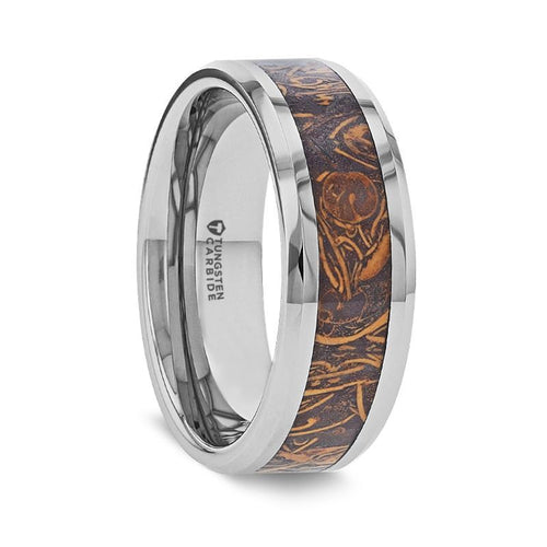 ABBA Men's Polished Tungsten Carbide Wedding Band with Sanskrit Stone Inlay Polished Beveled Edges - 8mm - DELLAFORA