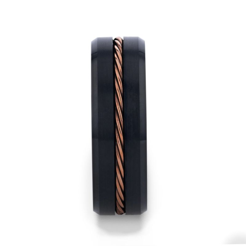 ADELARD Rose Gold Braided Brushed Center Black Tungsten Wedding Band With Polished Beveled Edges - 8mm - DELLAFORA