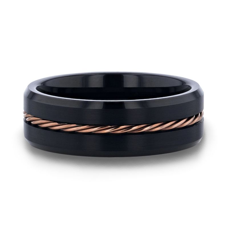 ADELARD Rose Gold Braided Brushed Center Black Tungsten Wedding Band With Polished Beveled Edges - 8mm - DELLAFORA