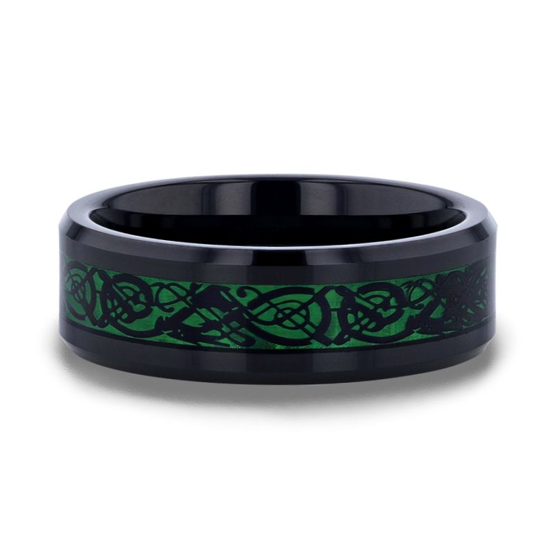 ALLURE Black Dragon Design With Green Background Inlaid Black Tungsten Carbide Men's Ring With Clear Coating And Beveled Edge - 8mm - DELLAFORA