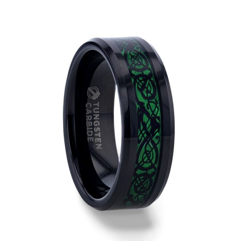 ALLURE Black Dragon Design With Green Background Inlaid Black Tungsten Carbide Men's Ring With Clear Coating And Beveled Edge - 8mm - DELLAFORA