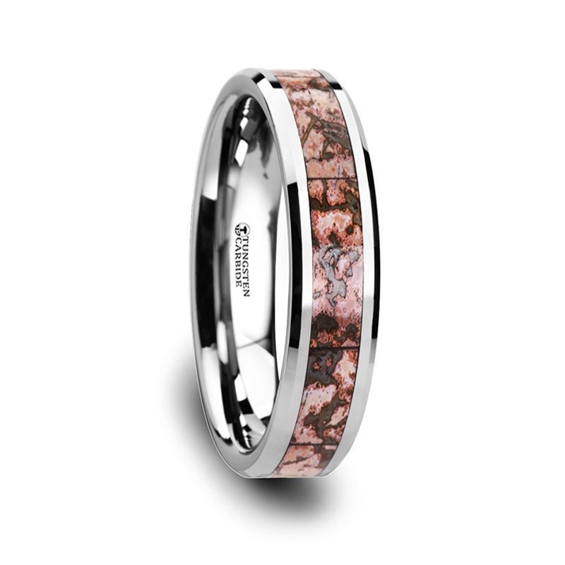 ARCHEAN Pink Dinosaur Bone Inlaid Tungsten Carbide Beveled Edged Ring - 4mm - DELLAFORA