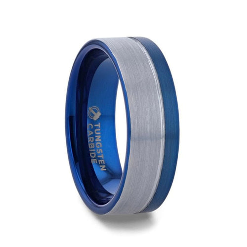 ATLANTIC Duo Color Brushed Center Tungsten Carbide Men's Wedding Band With Blue Ion Plating Inside the Band - 8mm - DELLAFORA