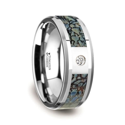 Blue Dinosaur Bone Inlaid Tungsten Carbide Diamond Wedding Band with Beveled Edges - 8mm - DELLAFORA