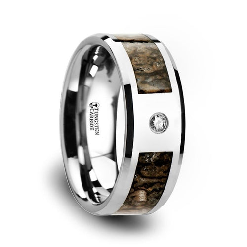 Brown Dinosaur Bone Inlaid Tungsten Carbide Diamond Wedding Band with Beveled Edges - 8mm - DELLAFORA