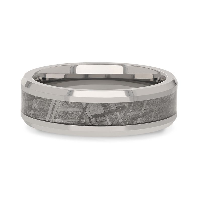 CELESTIAL Flat Tungsten Carbide Ring with Beveled Edges and Meteorite Inlay - 8mm - DELLAFORA