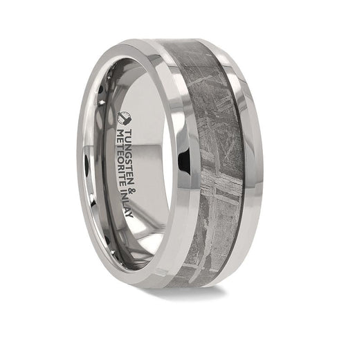 CELESTIAL Flat Tungsten Carbide Ring with Beveled Edges and Meteorite Inlay - 8mm - DELLAFORA