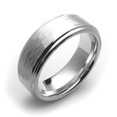 Clearance - White tungsten 8mm fancy design hammered center comfort fit wedding band - DELLAFORA