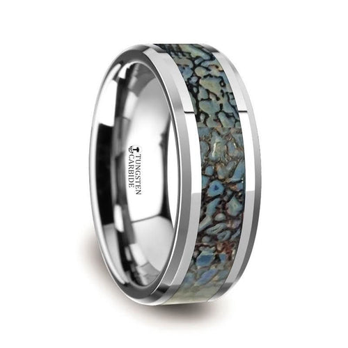 DEVONIAN Blue Dinosaur Bone Inlaid Tungsten Carbide Beveled Edged Ring - 8mm - DELLAFORA