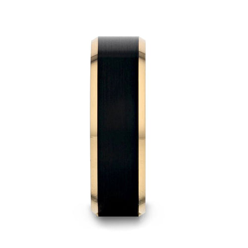 GASTON Gold Plated Tungsten Polished Beveled Ring with Brushed Black Center - 8mm - DELLAFORA