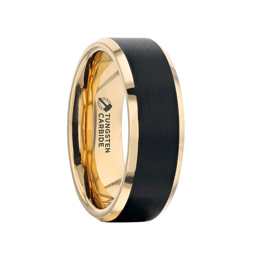 GASTON Gold Plated Tungsten Polished Beveled Ring with Brushed Black Center - 8mm - DELLAFORA