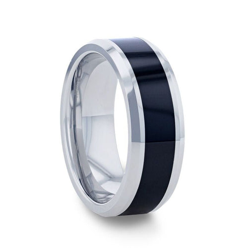 HAWK Polished Black Ceramic Inlaid Tungsten Carbide Men's Wedding Band with Bevels - 8mm - DELLAFORA