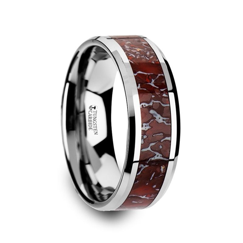 JURASSIC Red Dinosaur Bone Inlaid Tungsten Carbide Beveled Edged Ring - 8mm - DELLAFORA