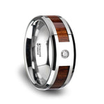 KAHUNA Tungsten Carbide Beveled Edged Diamond Wedding Band with Koa Wood Inlay & Polished Edges - 8mm - DELLAFORA