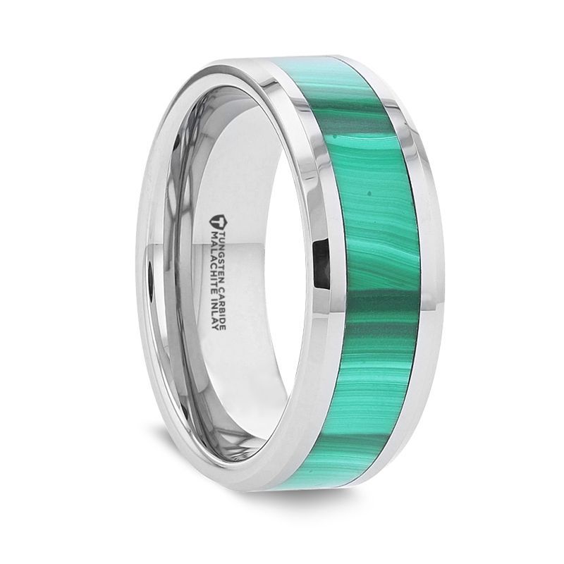 MAHI Malachite Inlay Tungsten Carbide Ring with Polished Beveled Edges - 8mm - DELLAFORA