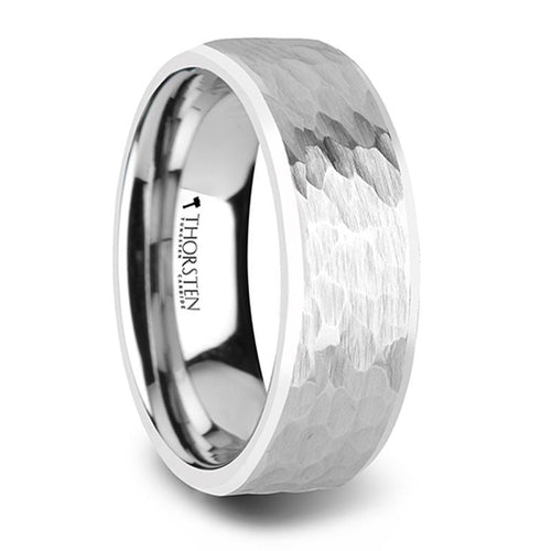 MARTEL White Tungsten Carbide Ring with Hammered Finish and Polished Bevels - 8mm - DELLAFORA